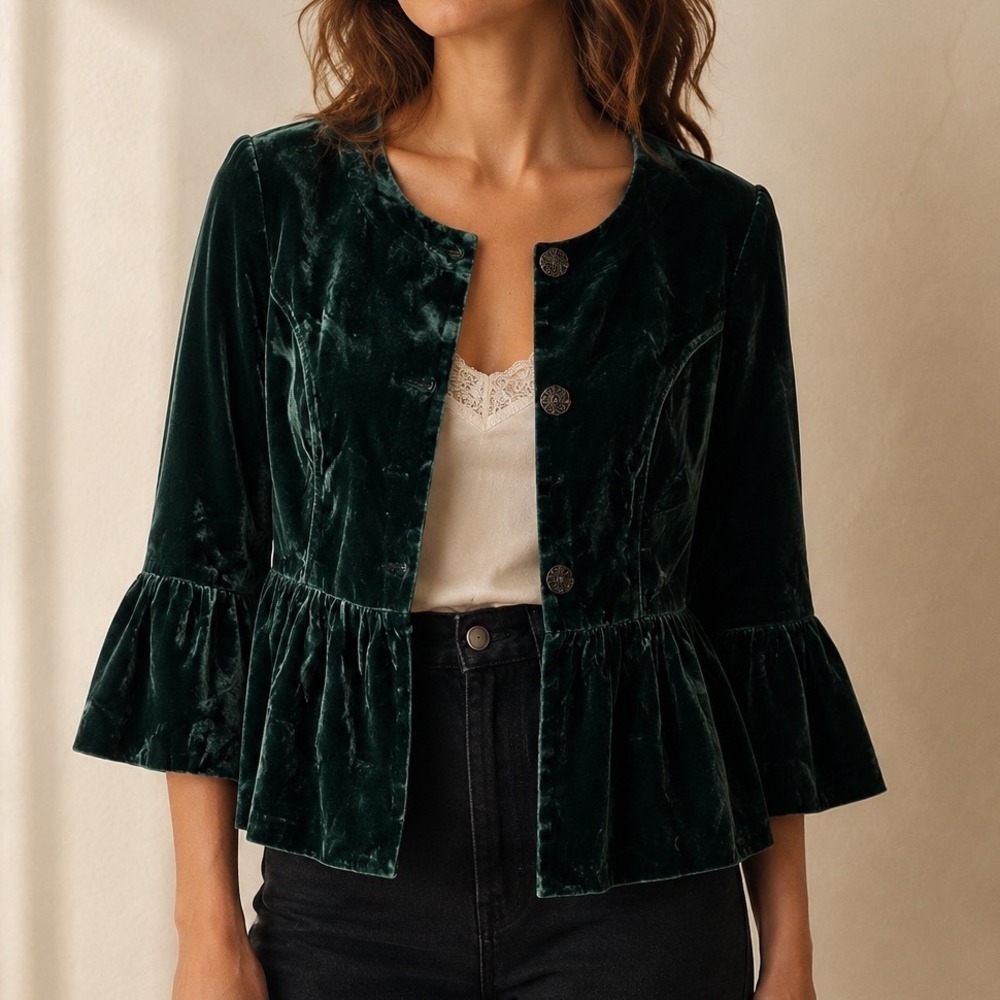 Style & Co Green Silk Velvet Peplum Jacket Bell Sleeve Whimsy Holiday Blazer a5
